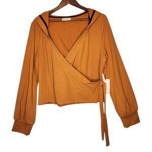 NWT Lovefool Women's Wrap Orange Splice Neckline‎ Hooded Long Sleeve Shirt Large